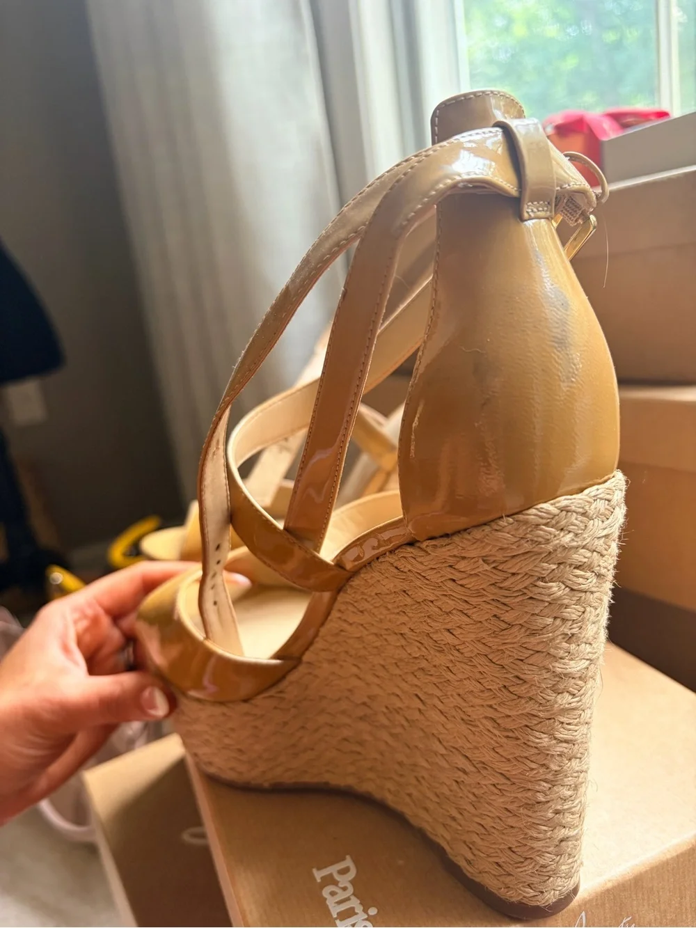 Michael Kors Patent Leather Espadrille Wedge Sandals in Mustard Tan.